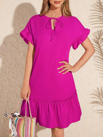 Women's Short Sleeve A-Line Dress With Ruffle Neckline And Tie Waist, Pink