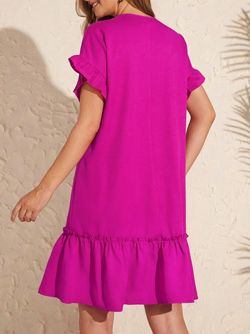 Women's Short Sleeve A-Line Dress With Ruffle Neckline And Tie Waist, Pink