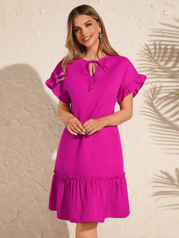 Women's Short Sleeve A-Line Dress With Ruffle Neckline And Tie Waist, Pink