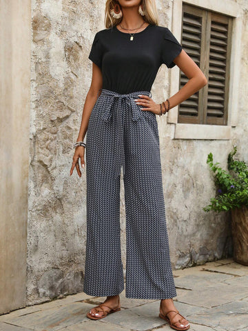 Women's Short Sleeve Round Neck Printed Jumpsuit With Belt, Perfect For Vacation, Summer