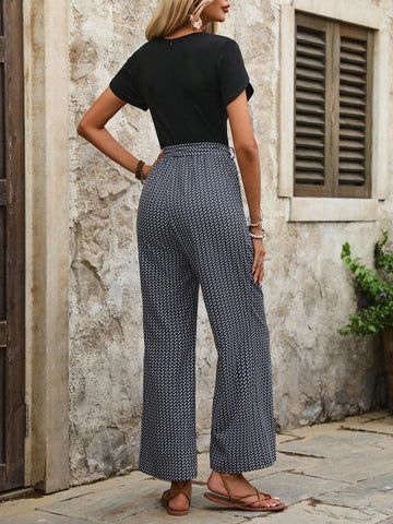 Women's Short Sleeve Round Neck Printed Jumpsuit With Belt, Perfect For Vacation, Summer