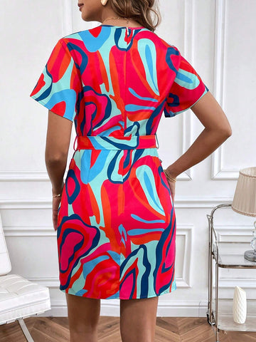 Women's Short Sleeve Wrap Dress With Full Printed Design And Ruffles On The Hem Music Festival