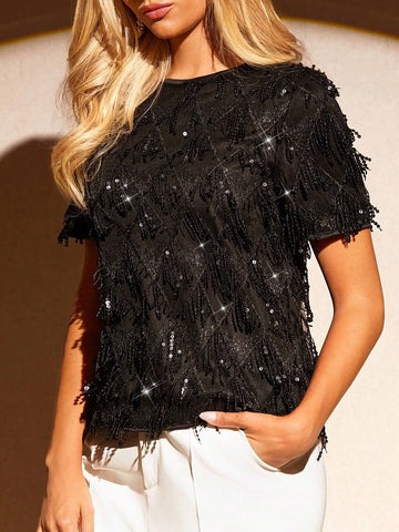 Clasi Women's Simple Casual Sequin Decorated Round Neck Short Sleeve Blouse Ladies Tops T-Shirts