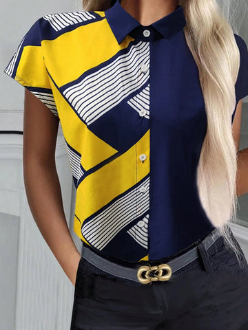 Clasi Women's Single-Breasted Printed Patchwork Shoulder-To-Sleeve Summer Shirt