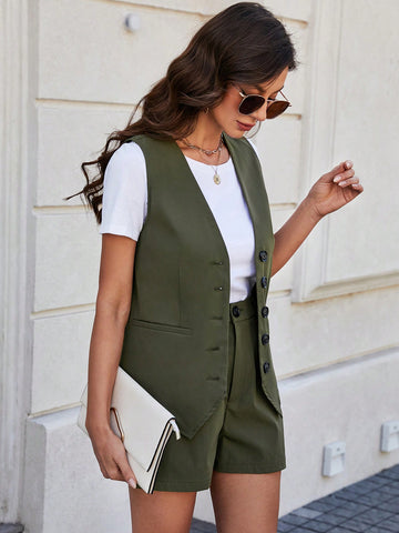 Women's Single-breasted Vest And Shorts Set
