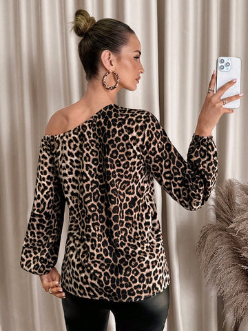 Clasi Women's Slash Shoulder Leopard Print Comfortable Elegant Blouse