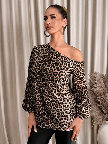 Clasi Women's Slash Shoulder Leopard Print Comfortable Elegant Blouse