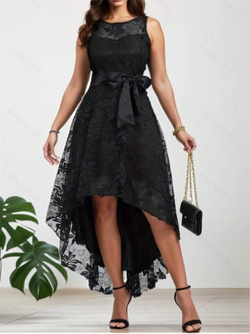 Women's Sleeveless Black Lace Irregular Hem Midi Dress, Summer