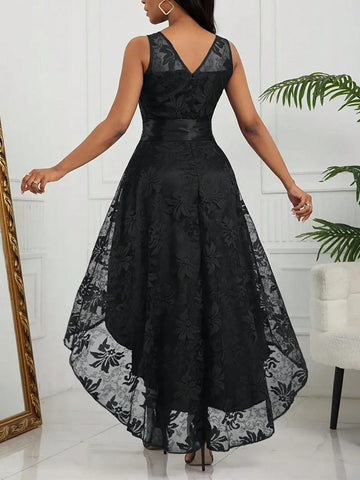 Women's Sleeveless Black Lace Irregular Hem Midi Dress, Summer