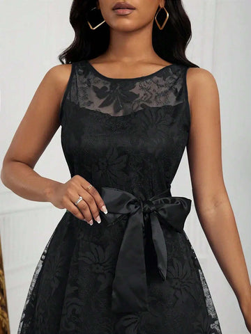 Women's Sleeveless Black Lace Irregular Hem Midi Dress, Summer