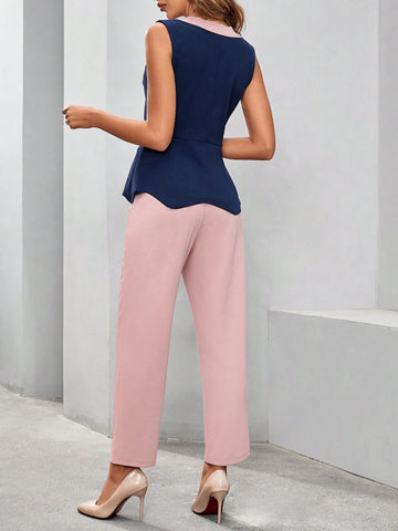 Women's Sleeveless Color Block Blouse And Pants Set, Office Two Piece Outfits, Spring And Summer