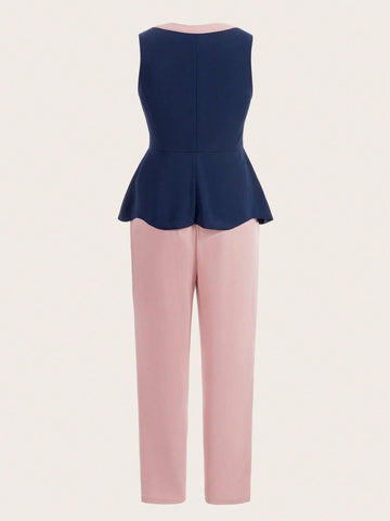 Women's Sleeveless Color Block Blouse And Pants Set, Office Two Piece Outfits, Spring And Summer