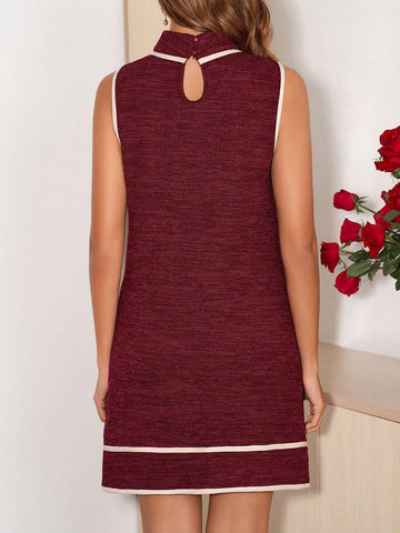 Women's Sleeveless Stand Collar Red Pocket H-Line Casual Shift Dress, Suitable For Work,Daily Wear,