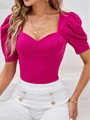 Women's Slim Fit Blouse With Lamb Sleeves And Sweetheart Neck, Pink