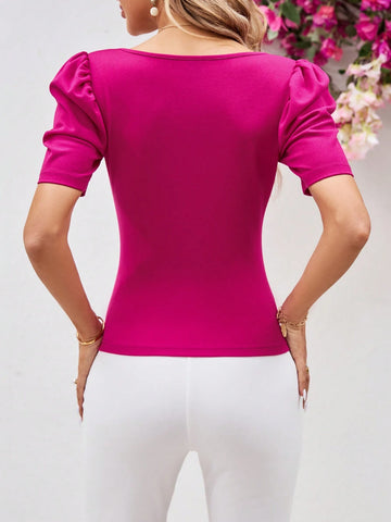Women's Slim Fit Blouse With Lamb Sleeves And Sweetheart Neck, Pink