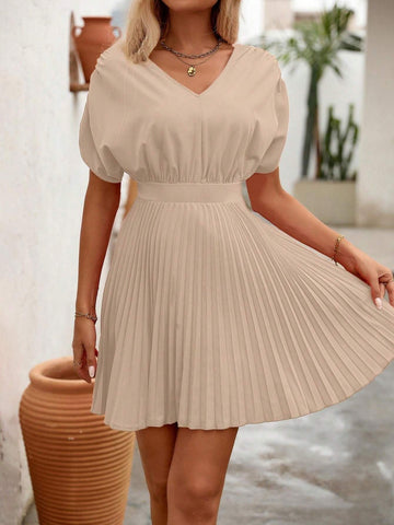 Women's Solid Color Batwing Sleeve Simple Pleated Hem Casual Dress