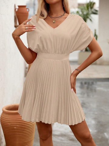 Women's Solid Color Batwing Sleeve Simple Pleated Hem Casual Dress