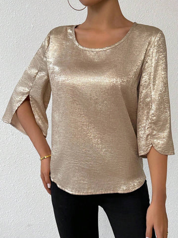 Clasi Women's Solid Color Casual Crew Neck Shirt With Split Sleeves