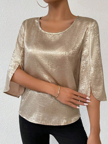 Clasi Women's Solid Color Casual Crew Neck Shirt With Split Sleeves