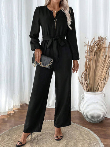 Women's Solid Color Casual Long Sleeve Jumpsuit