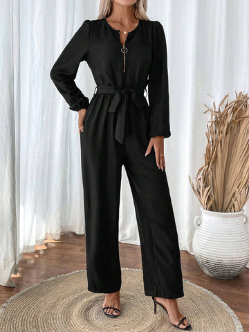 Women's Solid Color Casual Long Sleeve Jumpsuit