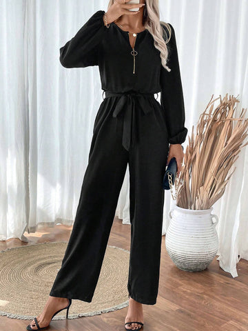 Women's Solid Color Casual Long Sleeve Jumpsuit