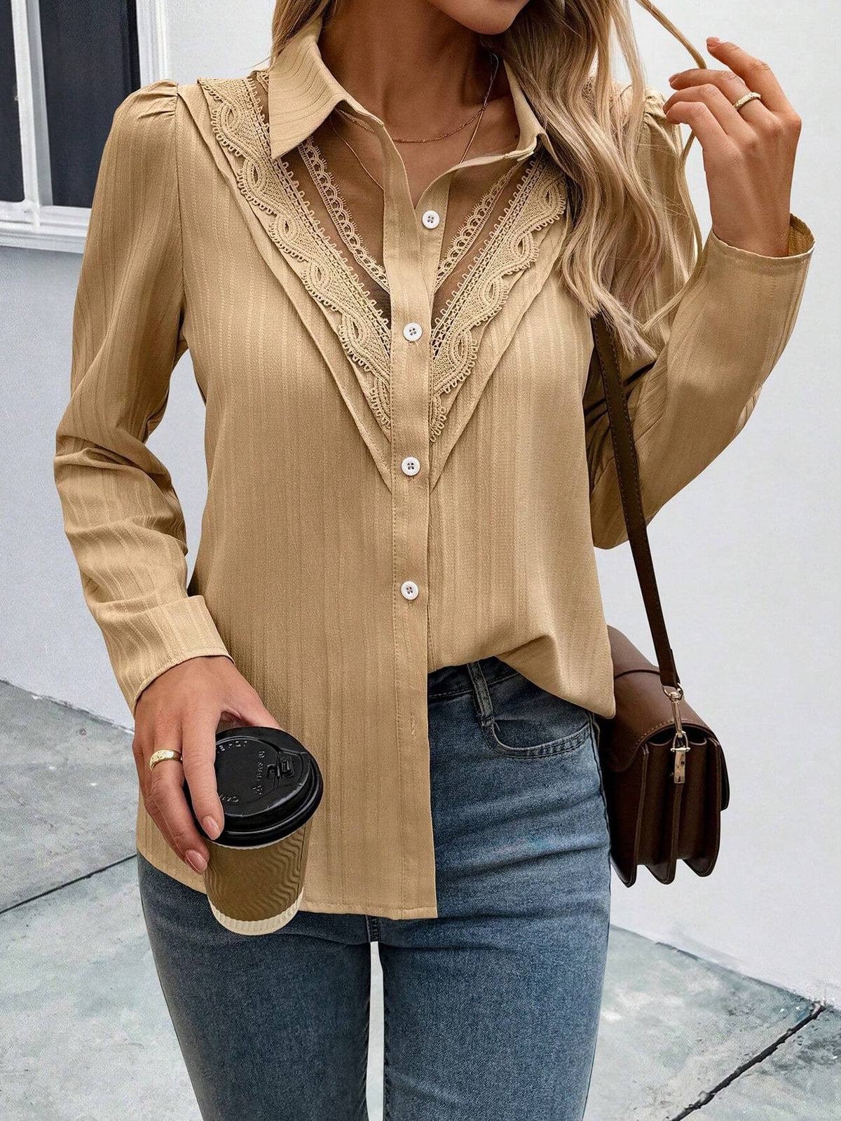 Clasi Women's Solid Color Contrast Lace Puff Sleeve Elegant Blouse, Autumn