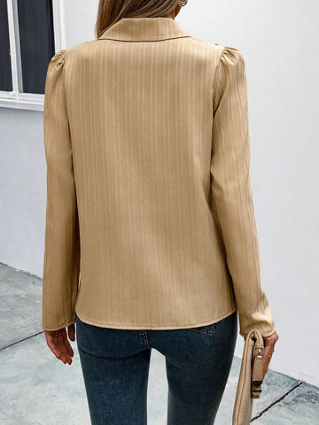 Clasi Women's Solid Color Contrast Lace Puff Sleeve Elegant Blouse, Autumn