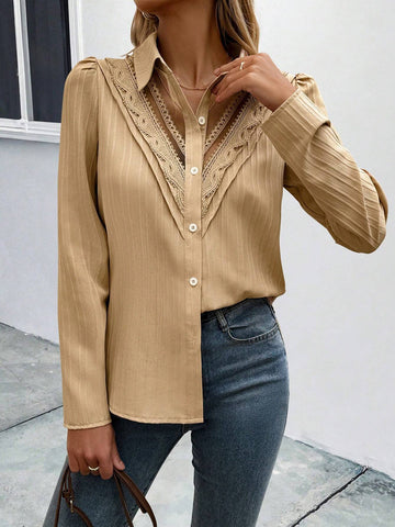 Clasi Women's Solid Color Contrast Lace Puff Sleeve Elegant Blouse, Autumn