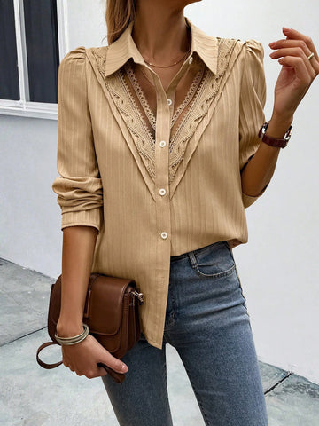 Clasi Women's Solid Color Contrast Lace Puff Sleeve Elegant Blouse, Autumn