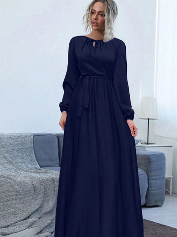 Women's Solid Color Elegant Waist Belt Long Sleeve Dress With Round Neckline