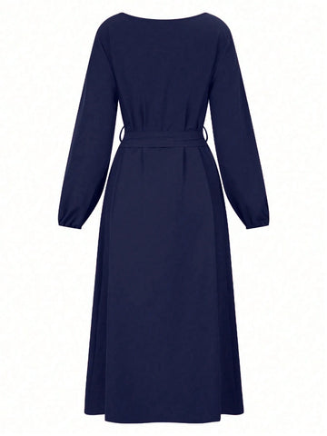 Women's Solid Color Elegant Waist Belt Long Sleeve Dress With Round Neckline