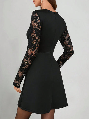 Women's Solid Color Flap Detail A-Line Lace Long Sleeve French Retro Style Black Dress