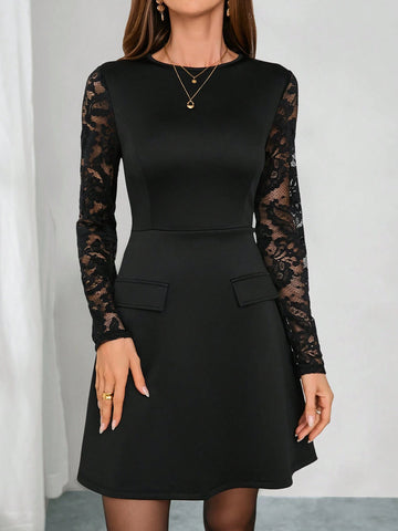 Women's Solid Color Flap Detail A-Line Lace Long Sleeve French Retro Style Black Dress