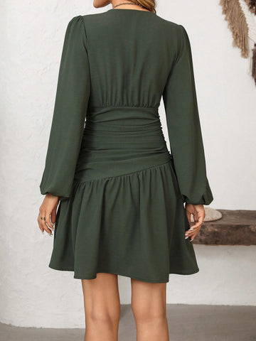 Women's Solid Color French Style Commute Elegant Crossover V-Neck Ruched Waist Puff Sleeve Short Bodycon Dress, Spring Autumn Winter