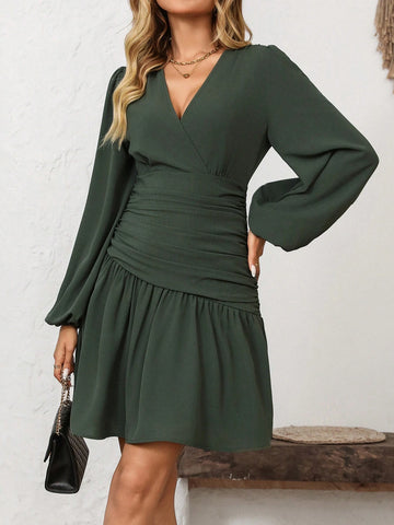 Women's Solid Color French Style Commute Elegant Crossover V-Neck Ruched Waist Puff Sleeve Short Bodycon Dress, Spring Autumn Winter