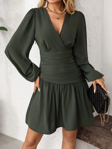 Women's Solid Color French Style Commute Elegant Crossover V-Neck Ruched Waist Puff Sleeve Short Bodycon Dress, Spring Autumn Winter