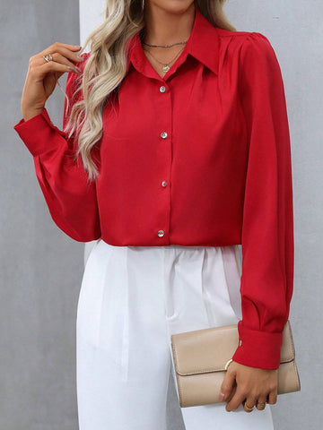 Clasi Women's Solid Color Front Button Long Sleeve Casual Shirt