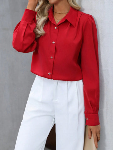 Clasi Women's Solid Color Front Button Long Sleeve Casual Shirt