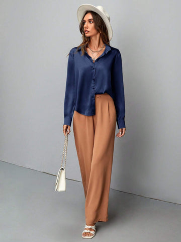 Clasi Women's Solid Color Long Sleeve Elegant Office Blouse