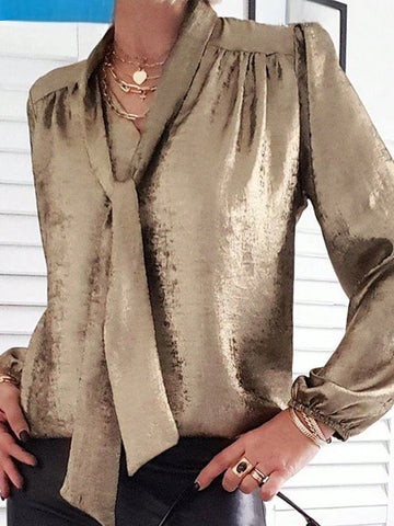 Clasi Women's Solid Color Long Sleeve Simple Tie Collar Shirt, Casual Daily Wear