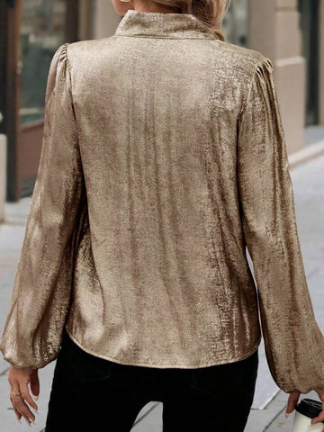 Clasi Women's Solid Color Long Sleeve Simple Tie Collar Shirt, Casual Daily Wear