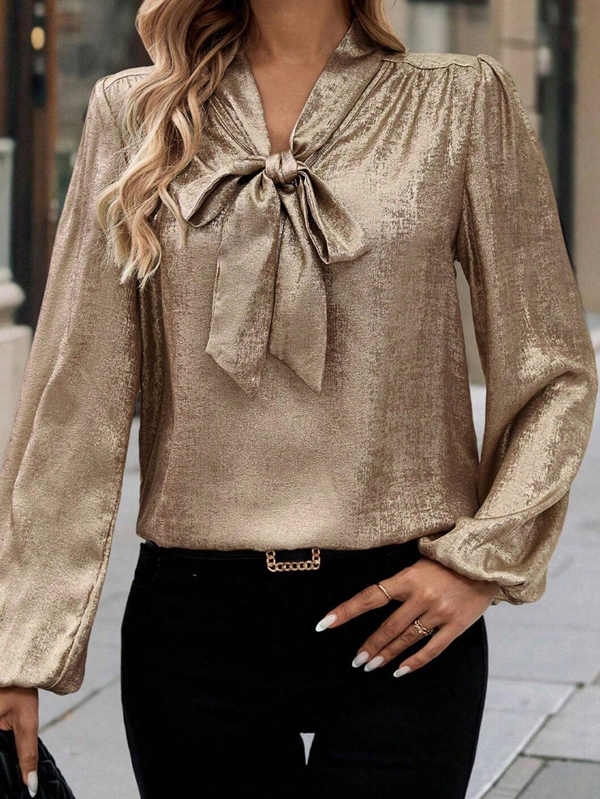 Clasi Women's Solid Color Long Sleeve Simple Tie Collar Shirt, Casual Daily Wear