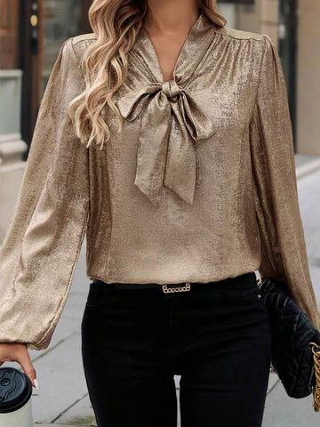 Clasi Women's Solid Color Long Sleeve Simple Tie Collar Shirt, Casual Daily Wear