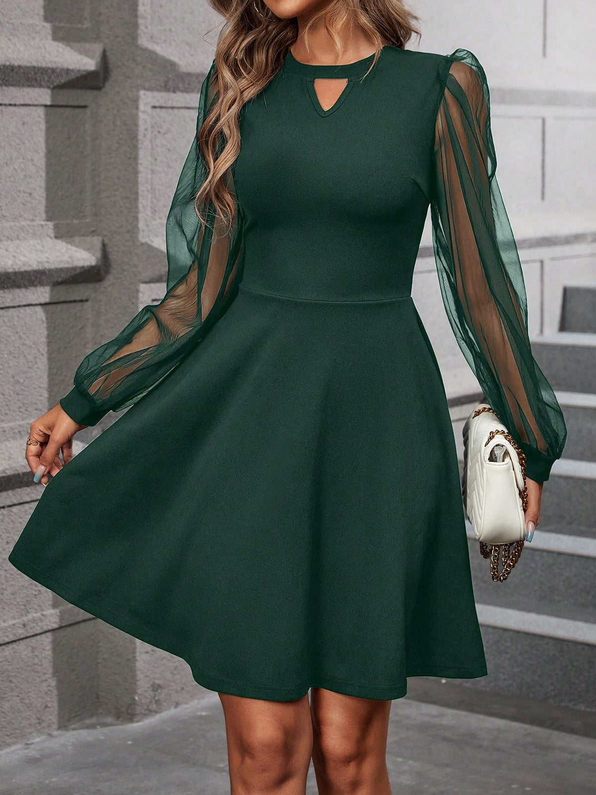 Women's Solid Color Mesh Splice Sleeve Dress