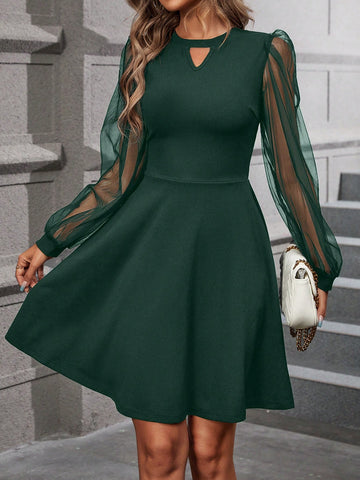 Women's Solid Color Mesh Splice Sleeve Dress