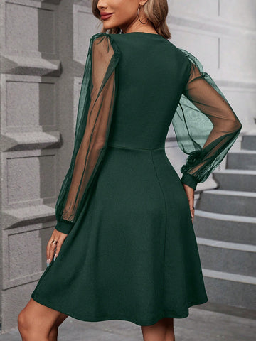 Women's Solid Color Mesh Splice Sleeve Dress