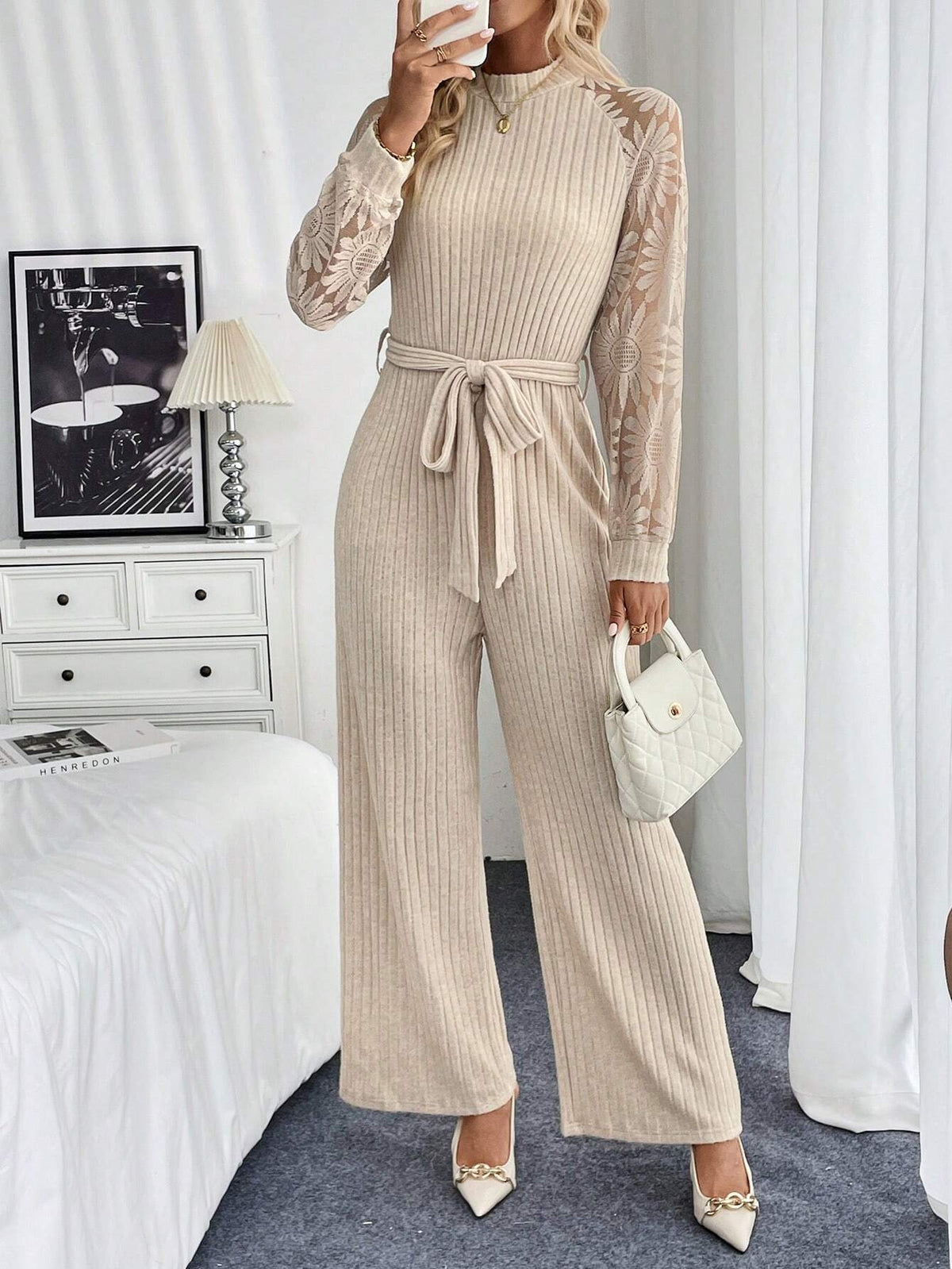 Women's Solid Color Pieced Round Neck Long Sleeve Casual Jumpsuit