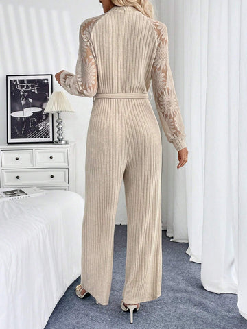 Women's Solid Color Pieced Round Neck Long Sleeve Casual Jumpsuit