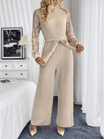 Women's Solid Color Pieced Round Neck Long Sleeve Casual Jumpsuit